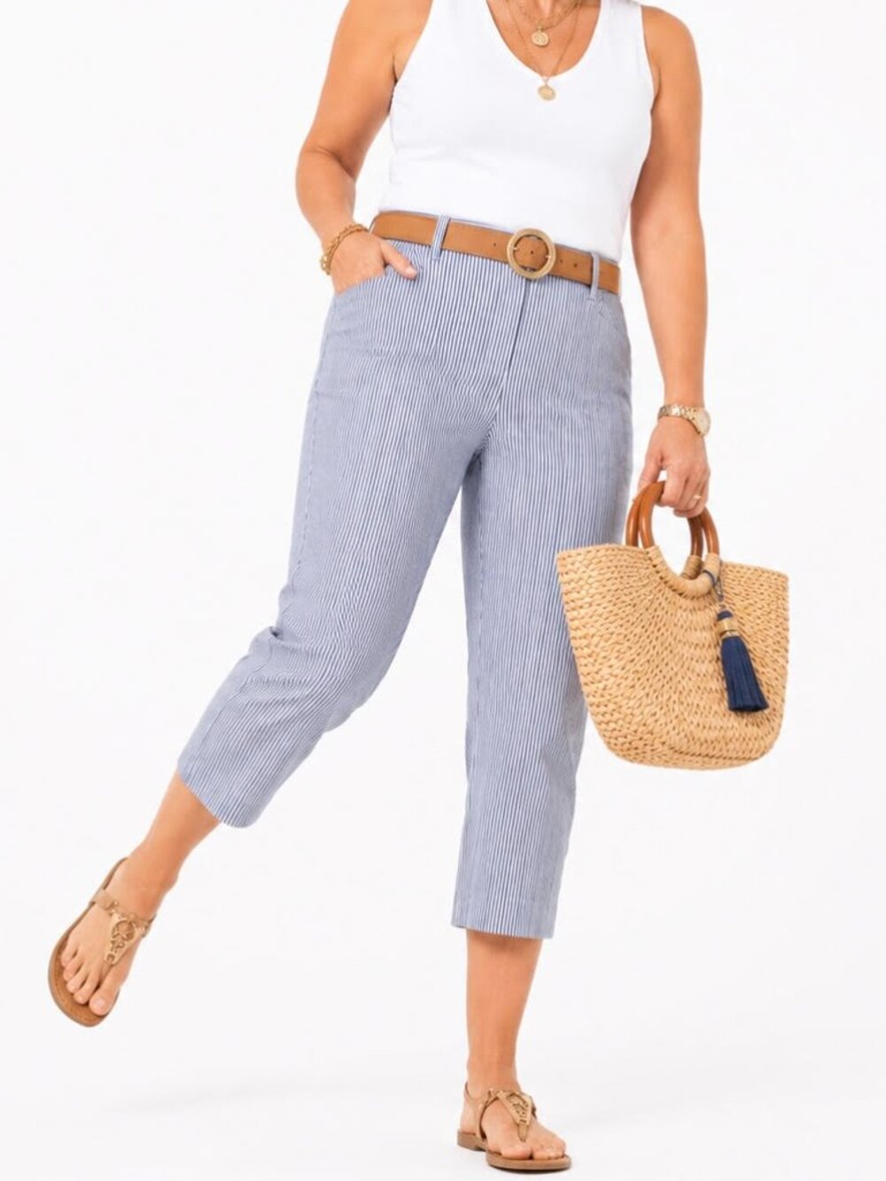 Lands' End Blue Pinstripe Capri Pant | Casual Cape Cod Coastal Summer [size 14]
